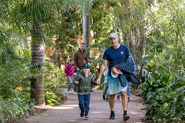 Adult and Child holding hands walking through Perth Zoo savannah